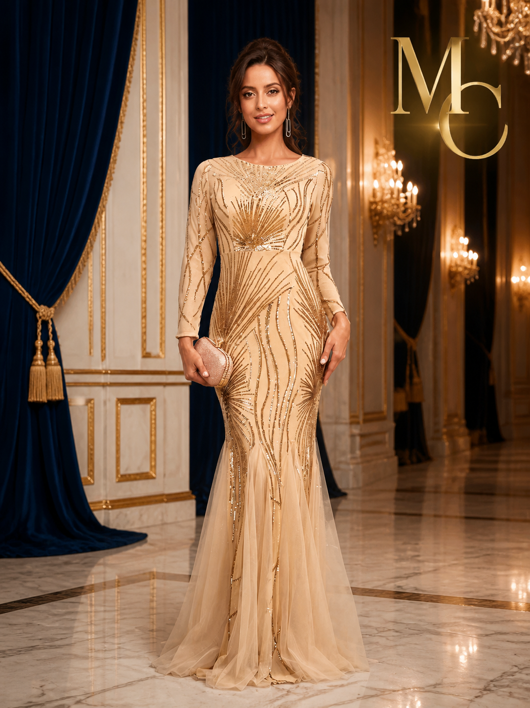 Lukyanova elegant long sleeves sequin tulle dress by MC THE BLACK DIAMOND, featuring shimmering sequins and delicate tulle fabric.