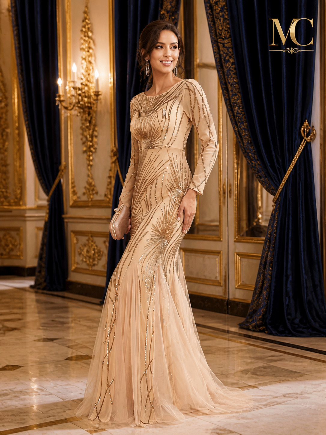 Elegant MC BRAND long sleeve sequin tulle dress by MC THE BLACK DIAMOND, featuring intricate sequin details and sheer tulle fabric.