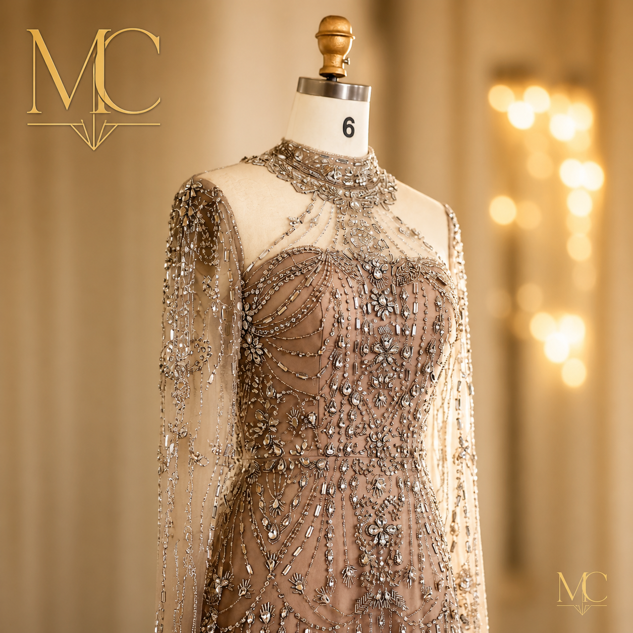 Elegant MC THE BLACK DIAMOND long sleeve high-neck Dubai luxury evening dress for women, ideal for wedding and formal parties.