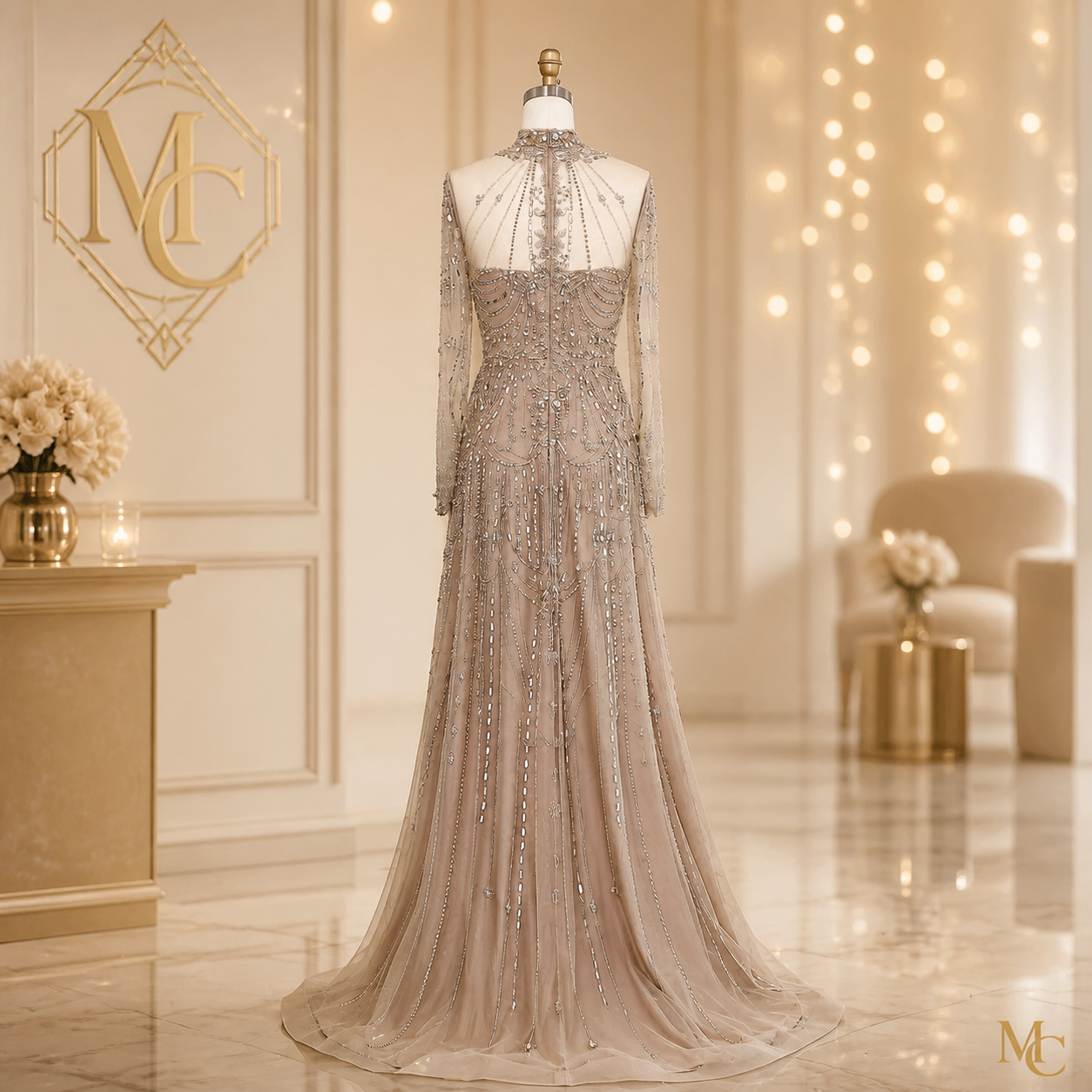 Elegant MC THE BLACK DIAMOND long sleeve high neck Dubai luxury evening gown for women, suitable for weddings and formal parties.