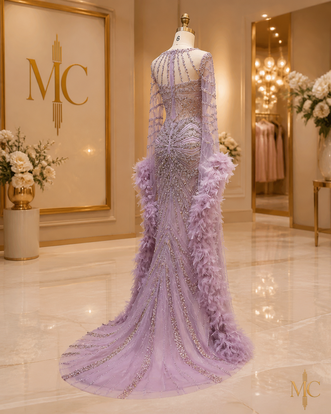 MC Luxury Caramel Beaded Mermaid Evening Dress with Feather Cape Sleeves by MC THE BLACK DIAMOND, designed for formal weddings and parties.
