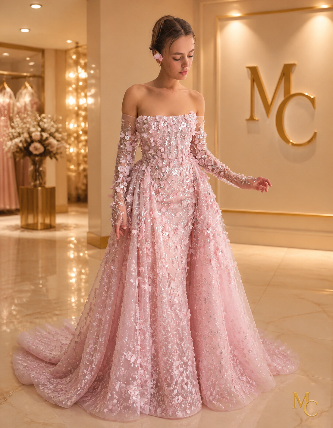 MC Elegant 3D Flowers Dubai Evening Dress by MC THE BLACK DIAMOND, featuring intricate floral 3D embroidery and a stylish silhouette.
