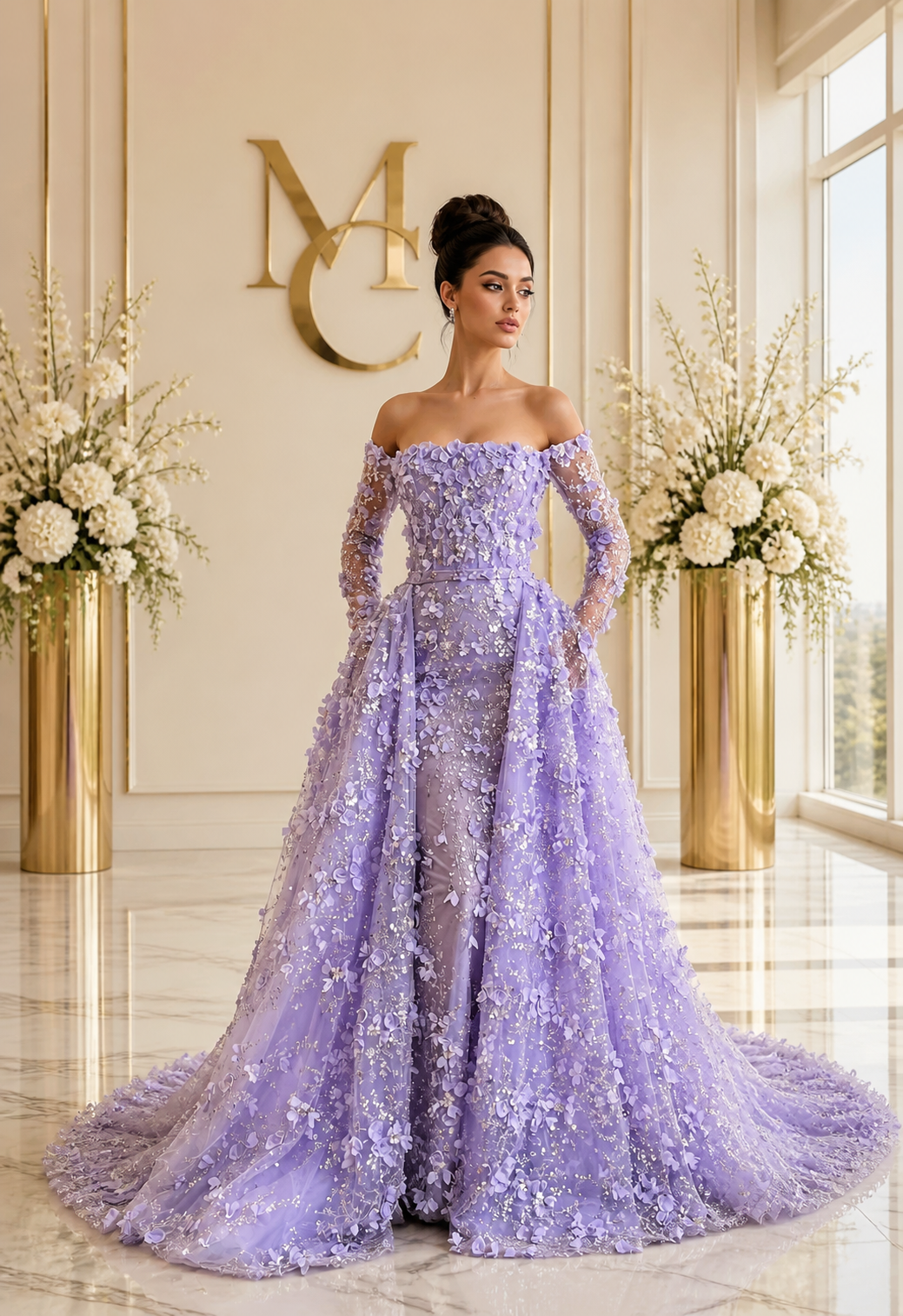 MC Elegant 3D Flowers Dubai evening dress by MC THE BLACK DIAMOND featuring intricate floral 3D embroidery and a sophisticated silhouette.
