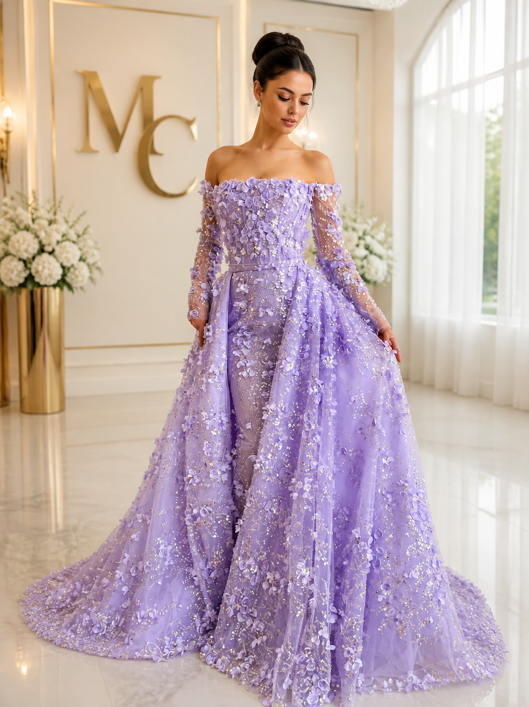 Elegant MC THE BLACK DIAMOND MC Elegant 3D Flowers Dubai evening dress with intricate floral details and a sophisticated silhouette.