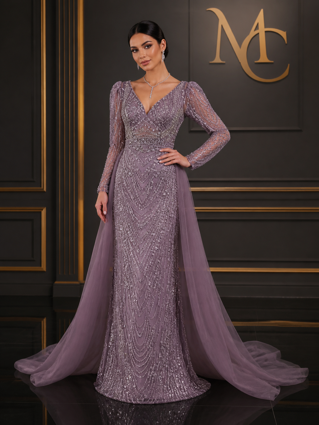 Elegant black MC THE BLACK DIAMOND long sleeve evening dress for women, showcasing a stylish and sophisticated look.