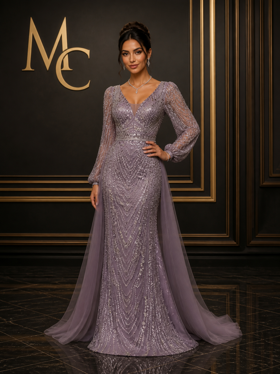 MC THE BLACK DIAMOND long sleeve evening dress for women, elegant black dress with fitted silhouette and stylish design.