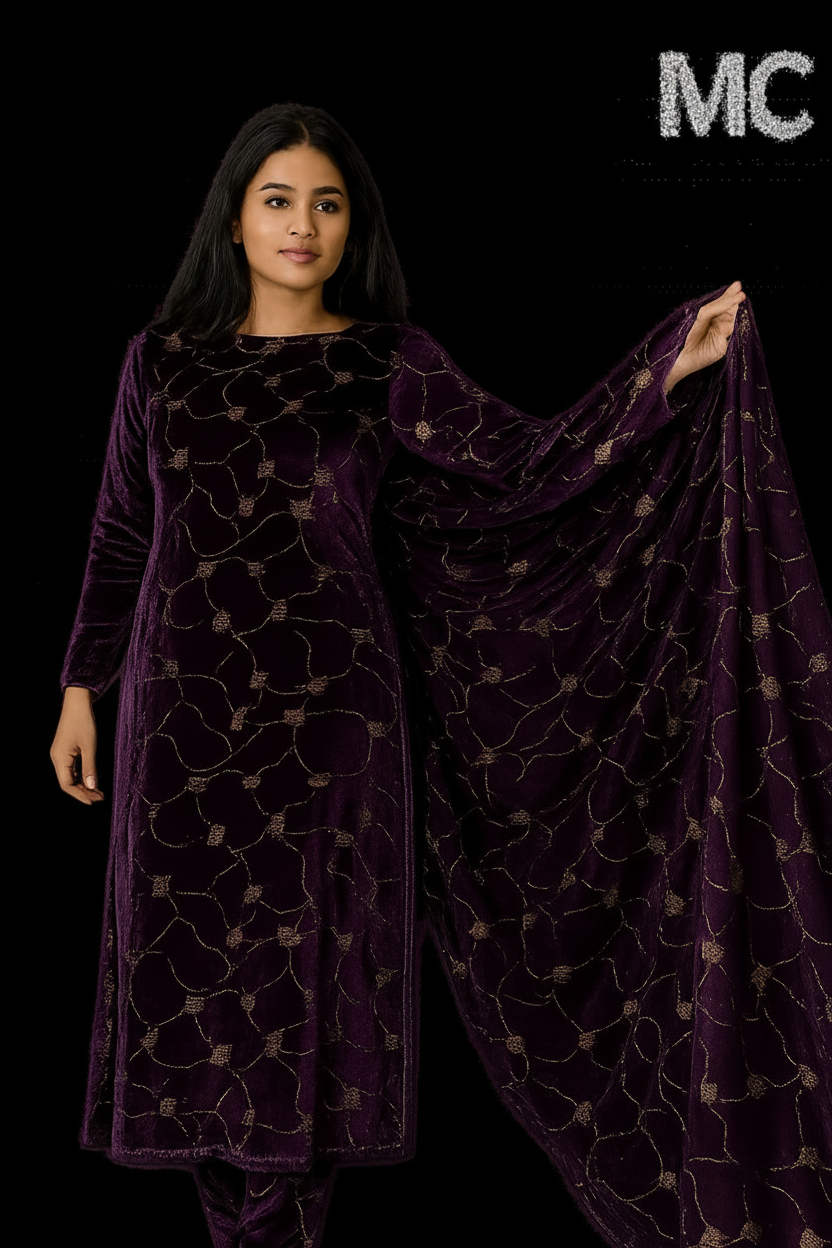 Purple velvet floral fabric for women's suit by MC THE BLACK DIAMOND, featuring elegant floral patterns and rich velvet texture.