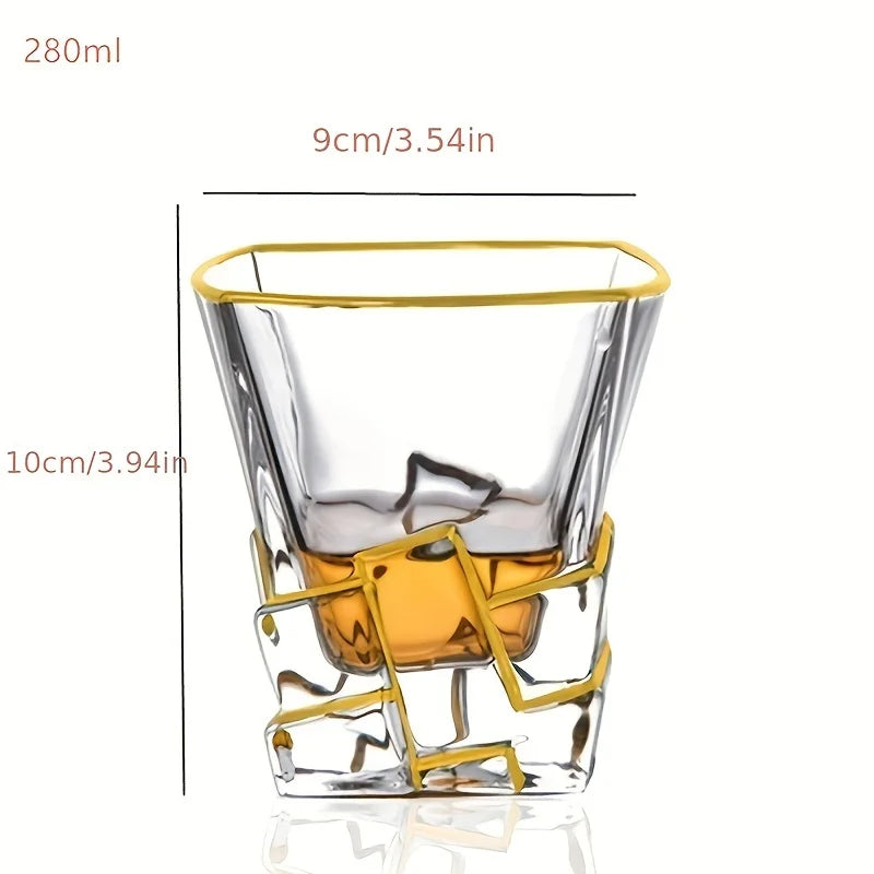 Whiskey glass tumbler with golden painted crystal design, suitable for wine, whisky, and cocktails, by 𝕄𝕔 𝕋𝕙𝕖 𝔹𝕝𝕒𝕔𝕜 𝔻�