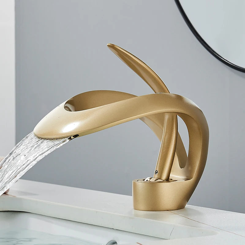 Solid brass waterfall basin faucet with single handle for hot and cold water, ideal for bathroom sinks by MC THE BLACK DIAMOND.