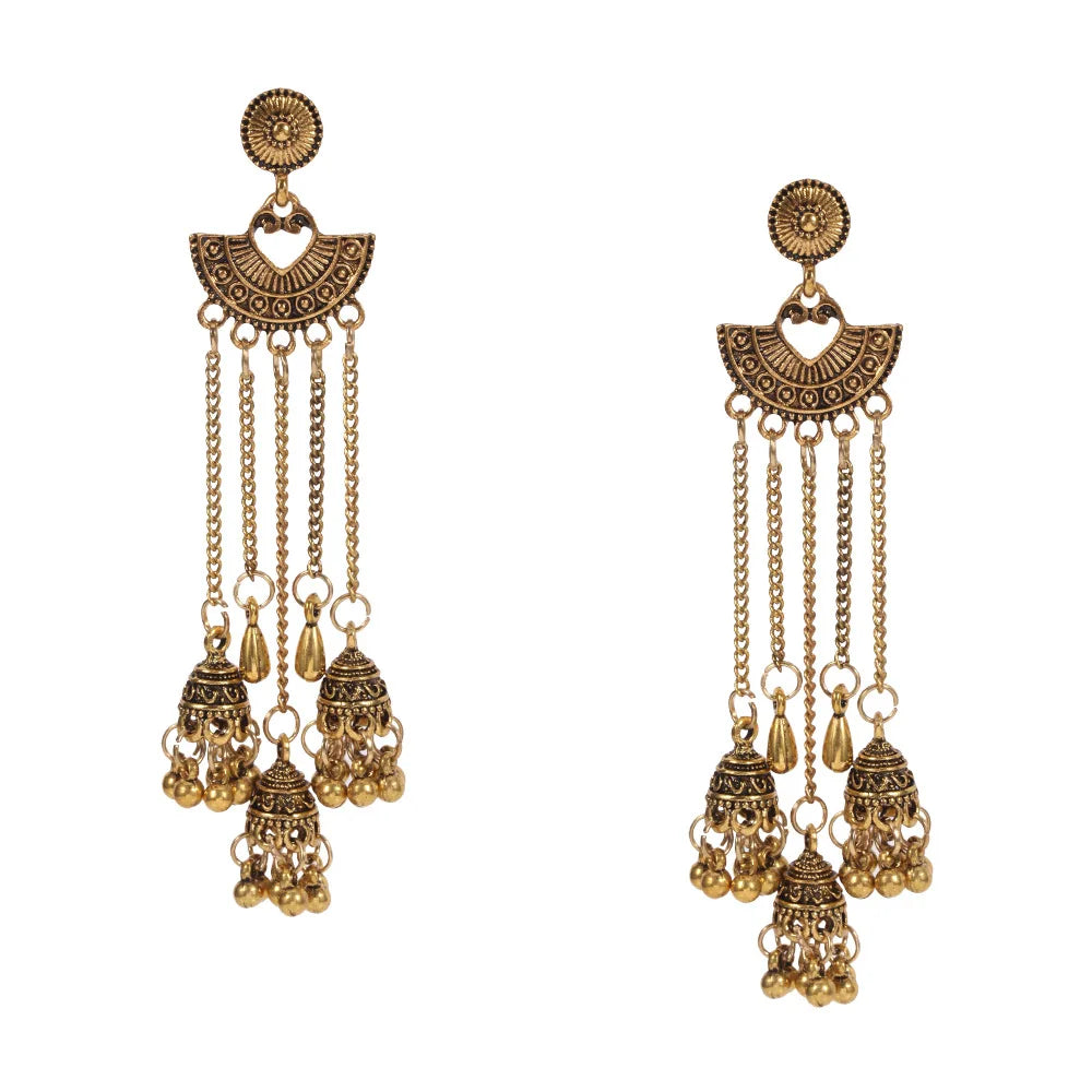 Silver Egypt Geometric Bells long tassel earrings with ethnic Turkish design, featuring intricate jhumka details for women.
