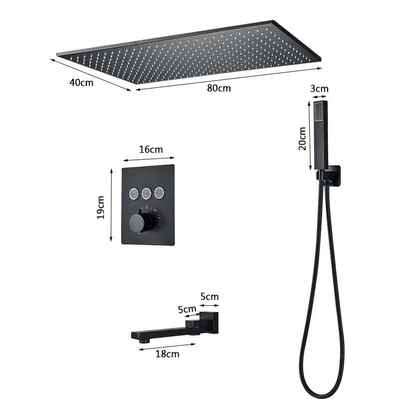 Matte black Rozin thermostatic shower faucet with concealed installation and large rainfall showerhead for modern bathrooms.