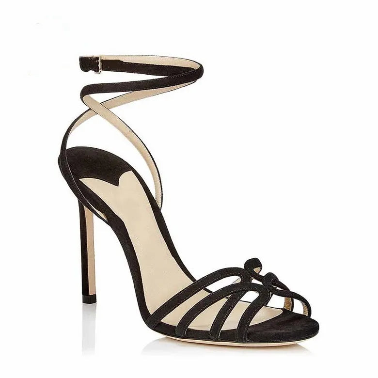 European sexy high heeled sandals by MC The Black Diamonds, featuring peep toe, ankle cross straps, and stylish summer design.