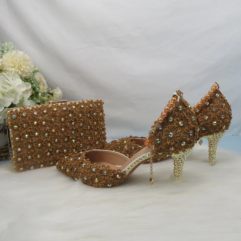 Coffee-colored Mohammadi Collection wedding heels with lace flower details, pointed toe, ankle strap, and matching purse.