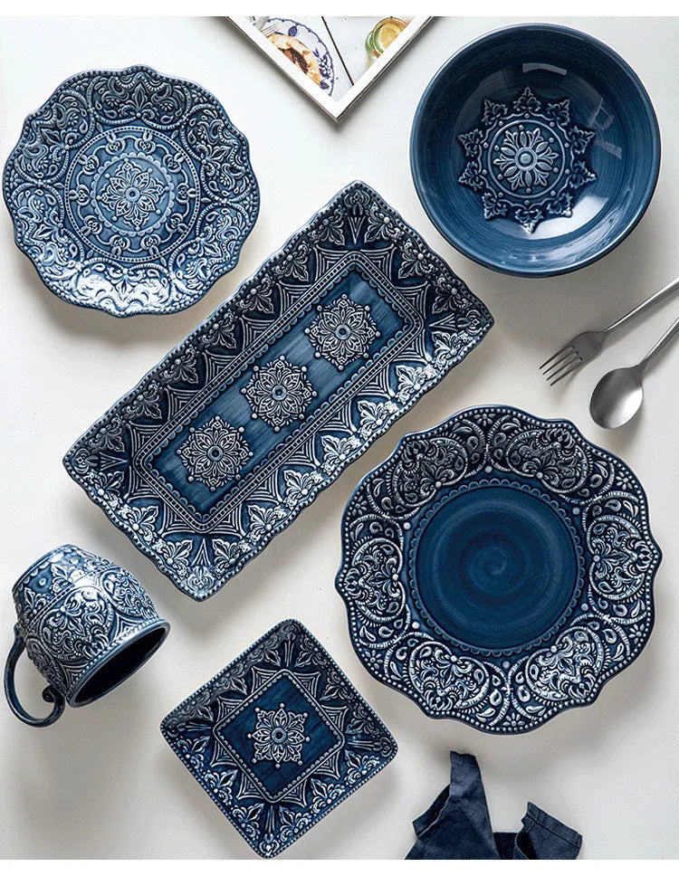 Blue retro relief ceramic tableware dishes set from 𝕄𝕔 𝕋𝕙𝕖 𝔹𝕝𝕒𝕔𝕜 𝔻𝕚𝕒𝕞𝕠�