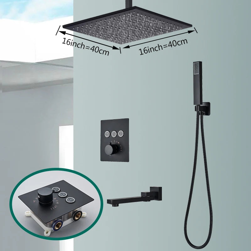 Matte black Rozin thermostatic shower faucet with concealed install, ceiling rainfall shower head, and bath mixer tap by ๐๐ ๐๐๐ ๐น๐๐๐๐ ๐ป
