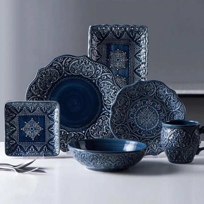 Blue Retro Relief Ceramic Kitchen Dishes Set by 𝕄𝕔 𝕋𝕙𝕖 𝔹𝕝𝕒𝕔𝕜 𝔻𝕚𝕒𝕞𝕠�
