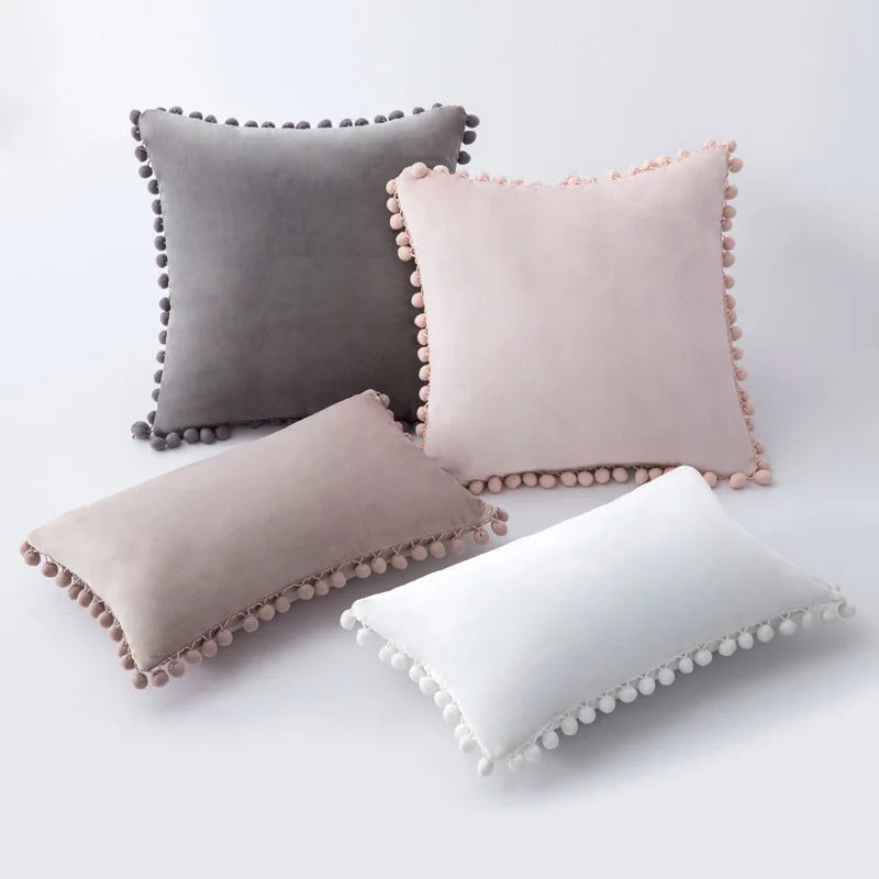 MC THE BLACK DIAMOND velvet throw pillow cover with pom-pom accents, large sofa cushion case, soft and cozy for home decor.