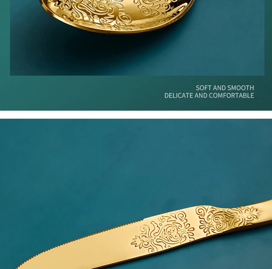 Set of 16/24 stainless steel silverware including forks, knives, spoons in a sleek gold finish from 𝕄𝕔 𝕋𝕙𝕖 𝔹𝕝𝕒𝕔𝕜 𝔻