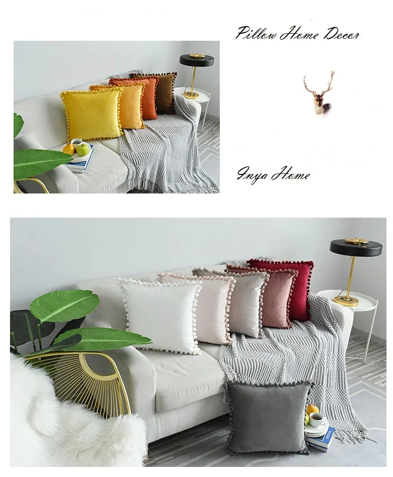 MC The Black Diamond velvet throw pillow cover with pom-poms, large solid cushion case for sofa or home decor.