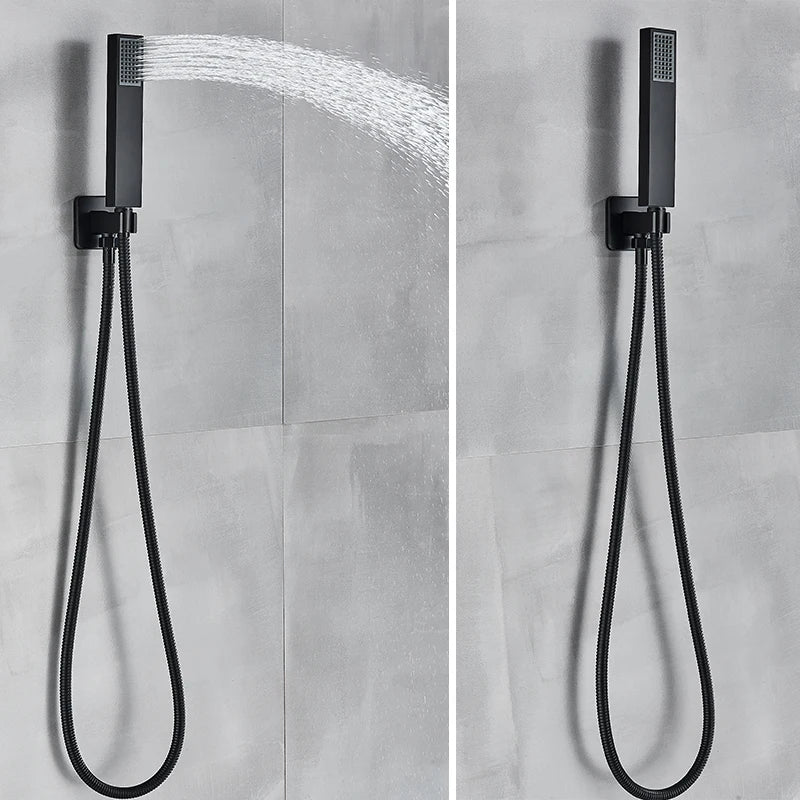 Matte black thermostatic shower faucet set with concealed installation and large ceiling rainfall showerhead, by ๐๐ ๐๐๐ ๐น๐๐๐๐ ๐ป๐๏ฟฝ