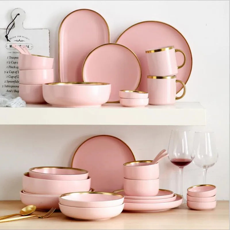 Pink porcelain dinner plate with gilt rim from 𝕄𝕔 𝕋𝕙𝕖 𝔹𝕝𝕒𝕔𝕜 𝔻𝕚𝕒𝕞𝕠𝕟
