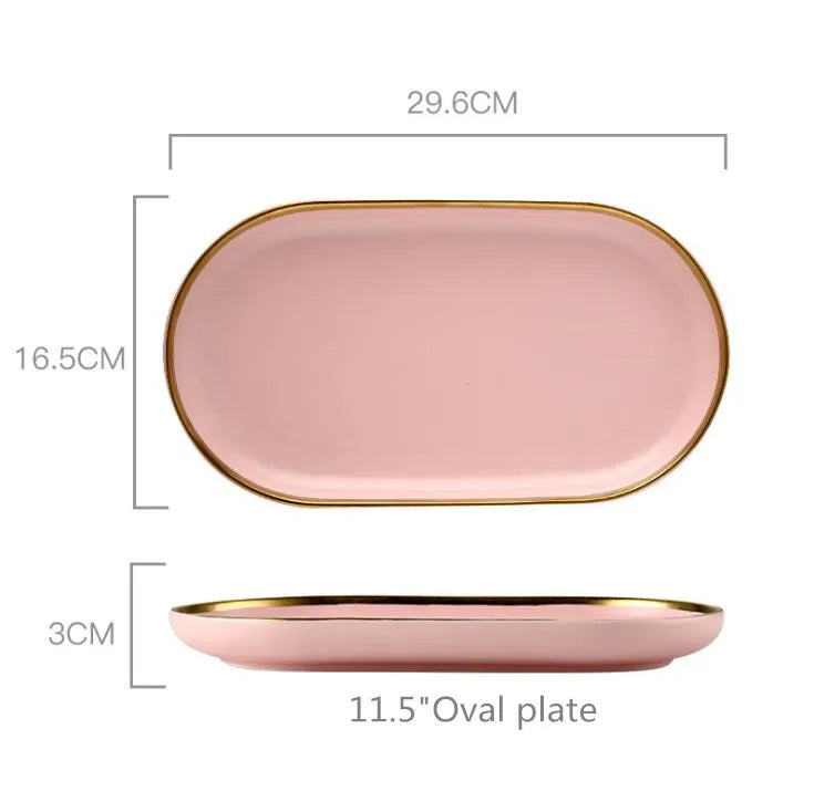 Gilt rim pink porcelain dinner plate from MC The Black Diamonds, featuring a ceramic surface and elegant design for kitchen tableware.