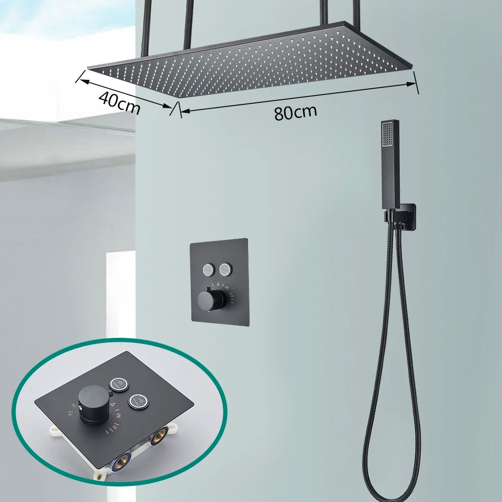 Matte black thermostatic shower faucet set with concealed installation, ceiling rainfall shower head, and bath mixer tap by ๐๐ ๐๐๐ ๐น๐๐๐๐ ๐ป๏ฟฝ