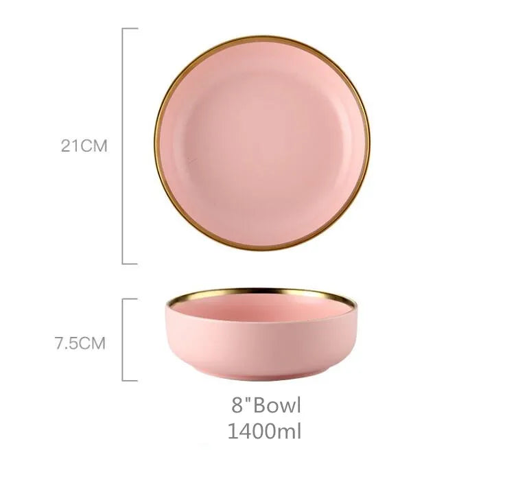 Gilt rim pink porcelain dinner plate with matching bowl and cutlery set, featuring ceramic tableware for rice, salad, and noodles.