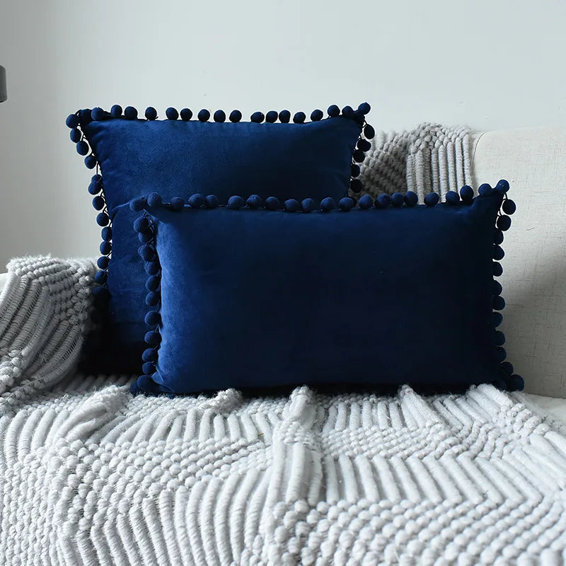 MC THE BLACK DIAMOND velvet throw pillow cover with pom pom accents, large solid soft cushion case for sofa decor.