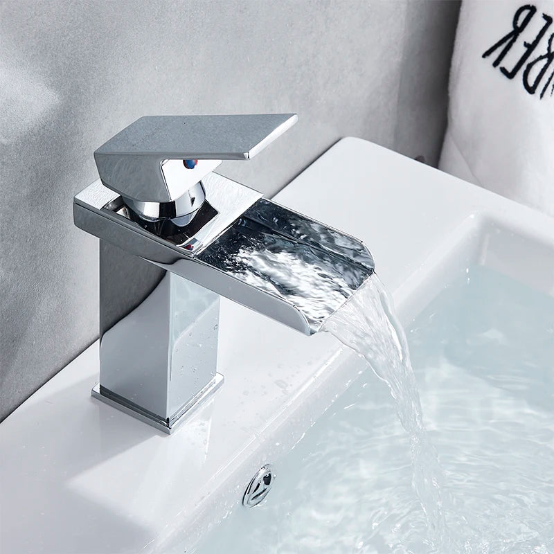 Black Waterfall Bathroom Faucet and Basin Vanity Vessel Sink by MC THE BLACK DIAMOND, showcasing sleek modern design