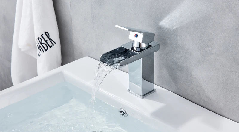 Black Waterfall Bathroom Faucet and Vessel Sink by MC THE BLACK DIAMOND, featuring sleek basin vanity bath fixtures.