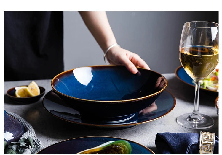 Deep blue ceramic dinnerware set by 𝕄𝕮 𝕋𝕙𝕖 𝔹𝕝𝕒𝕔𝕜 𝔻𝕚𝕒𝕞𝕠𝕟�