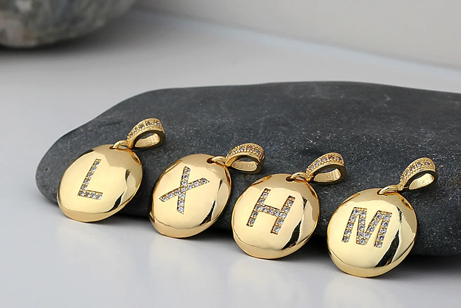 Copper initial letter necklace featuring the letter "A" with cubic zirconia stones from MC The Black Diamonds, jewelry for women and girls.