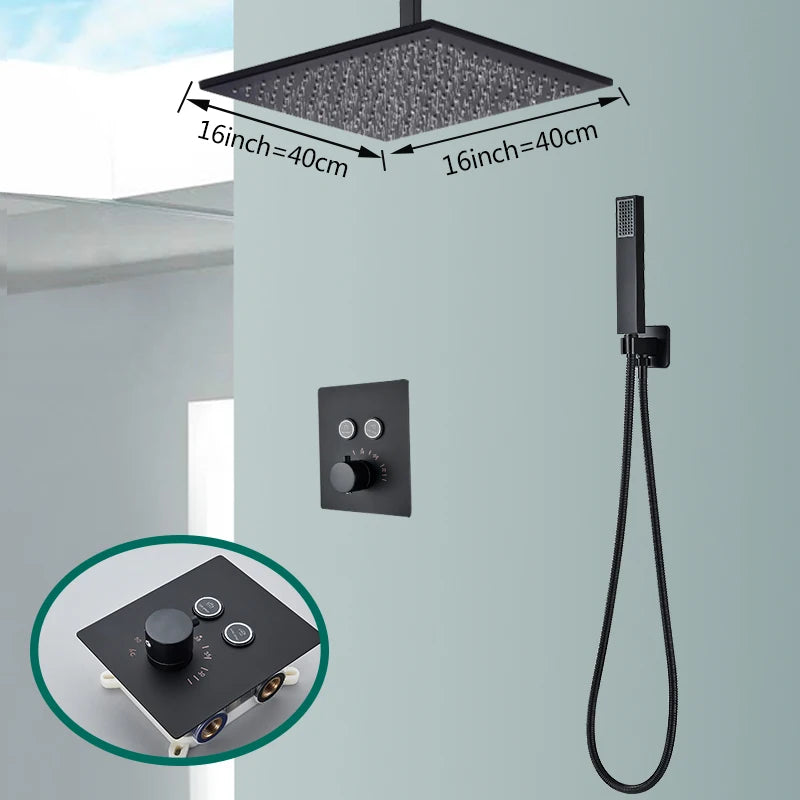 Rozin matte black thermostatic shower faucet with concealed installation, ceiling rainfall shower head, and bath mixer tap by ๐๐ ๐๐๐ ๐น๐๐๐๐ ๐ป๏ฟฝ