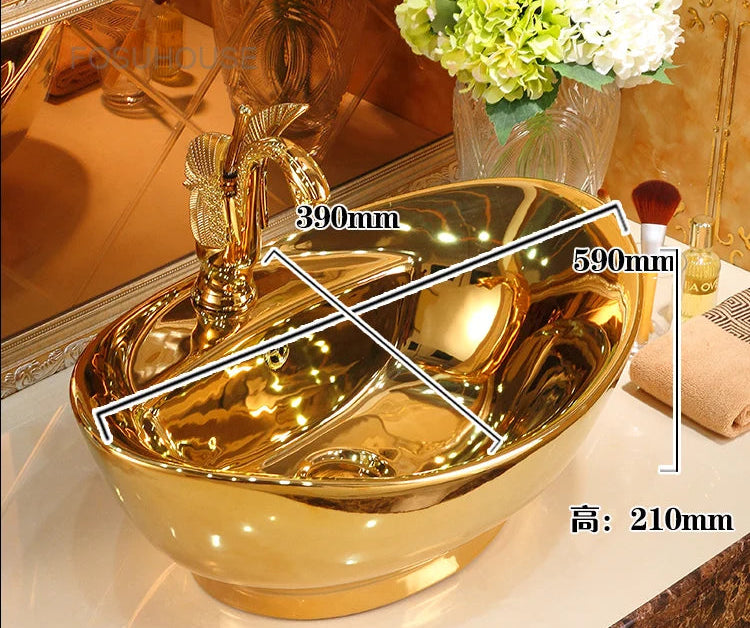 Modern gold ceramic bathroom sink with European-style design, featuring a hand wash basin for elegant home decor.