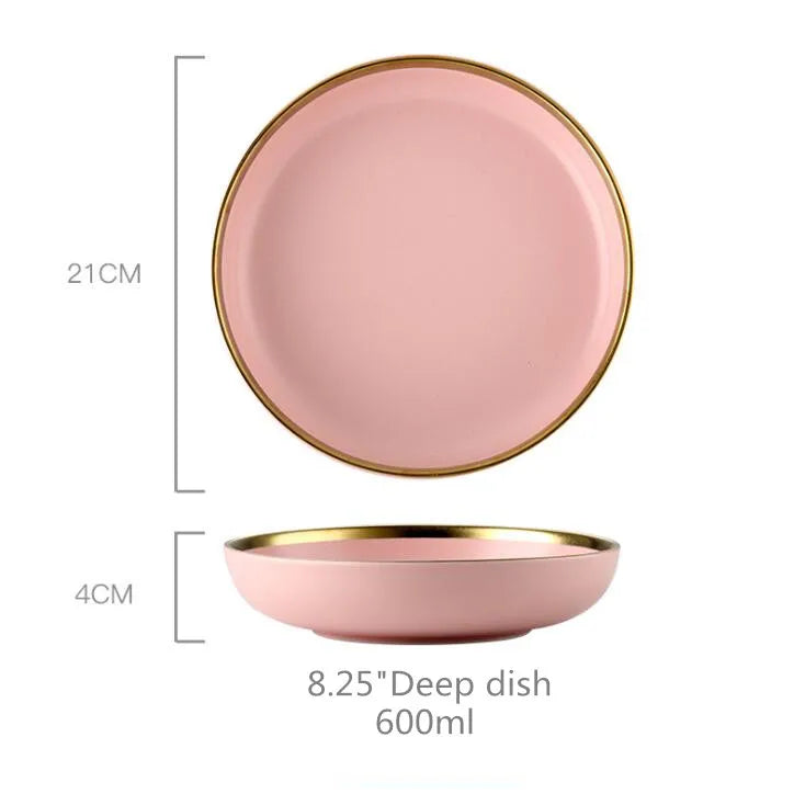 Pink porcelain dinner plate with gilt rim from 𝕄𝕔 𝕋𝕙𝕖 𝔹𝕝𝕒𝕔𝕜 𝔻𝕚𝕒𝕞𝕠𝕟