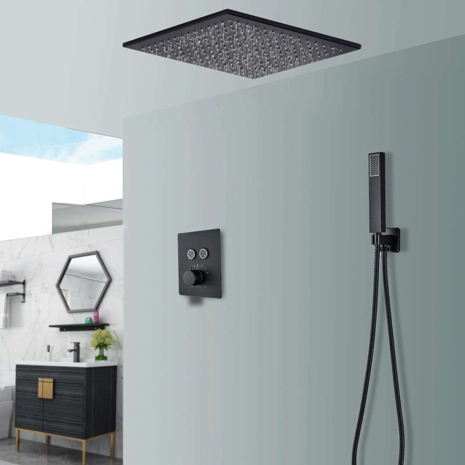 Matte black Rozin thermostatic shower faucet with concealed installation, ceiling rainfall showerhead, and bath mixer tap by ๐๐ ๐๐๐ ๐น๐๐๐๐ ๐ป
