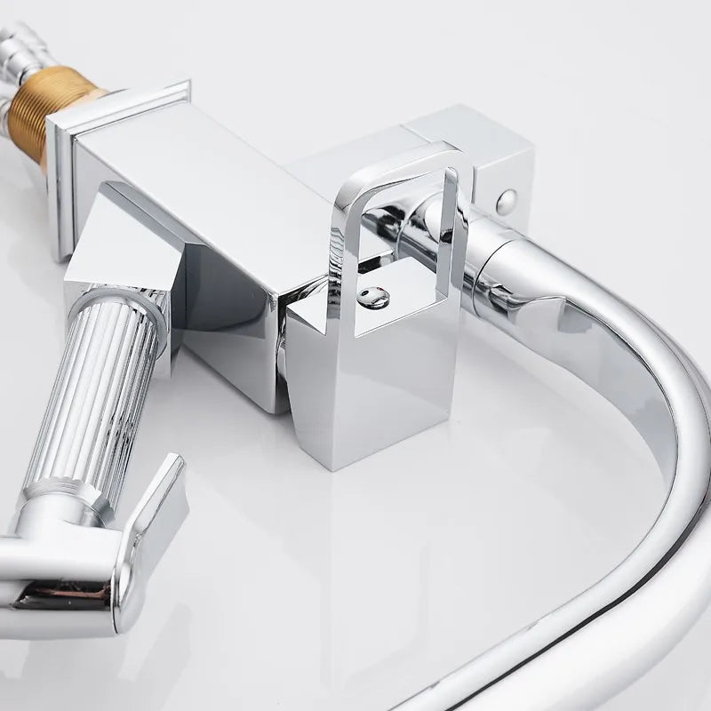 Black deck-mounted kitchen sink faucet with flexible pull-out mixer, hot and cold water controls, chrome finish, spring spout by MC THE BLACK DIAMOND