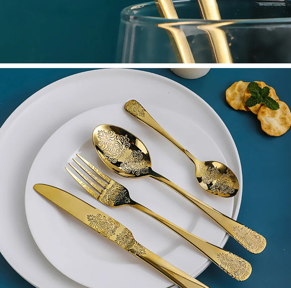 Set of 16/24 stainless steel silverware, gold cutlery kit from 𝕄𝕔 𝕋𝕙𝕖 𝔹𝕝𝕒𝕔𝕜 𝔻𝕚𝕒�