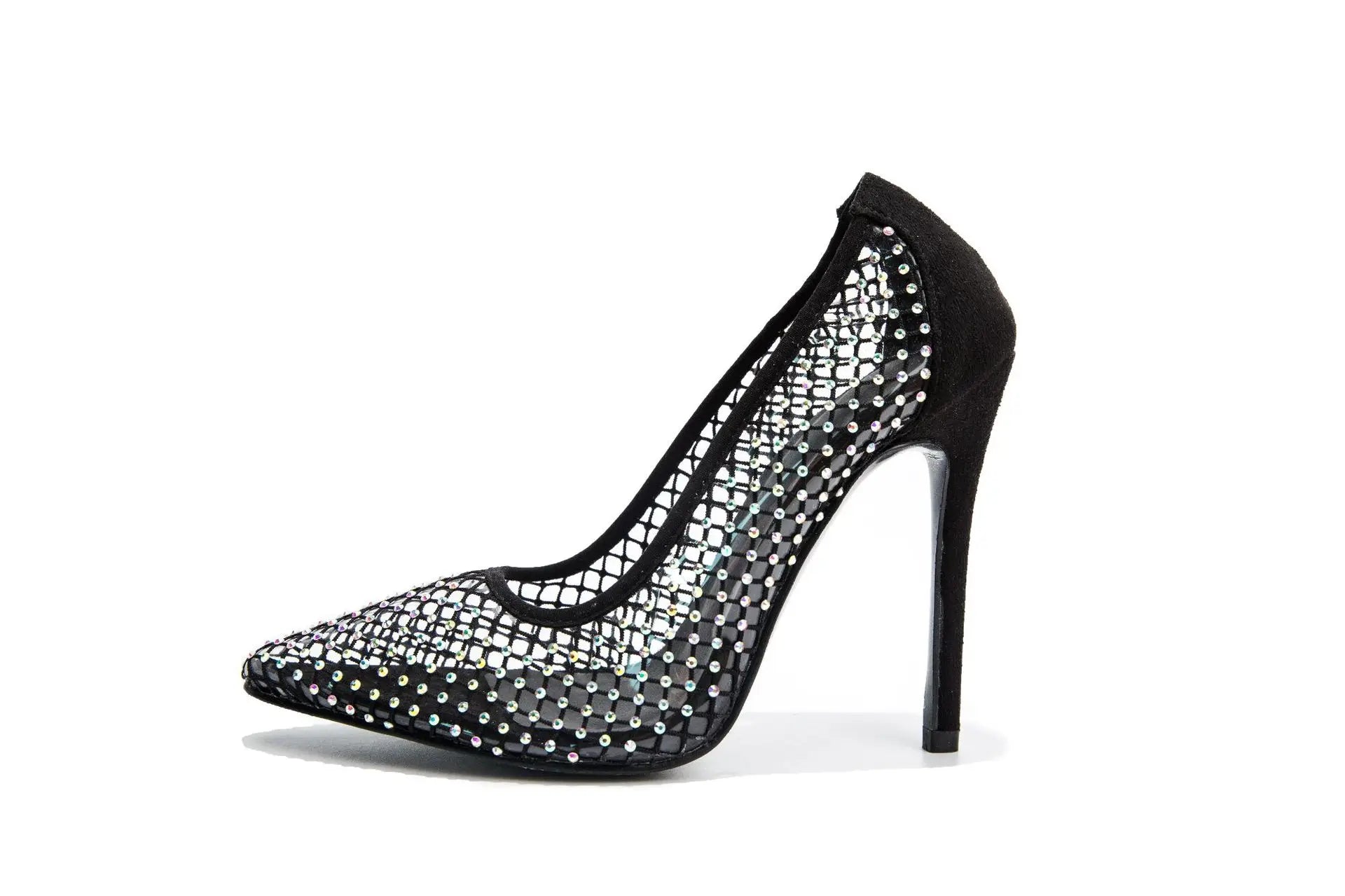 Colorful rhinestone women’s pumps with glitter accents, mesh design, thin heel, suitable for parties, weddings, and bridal occasions.