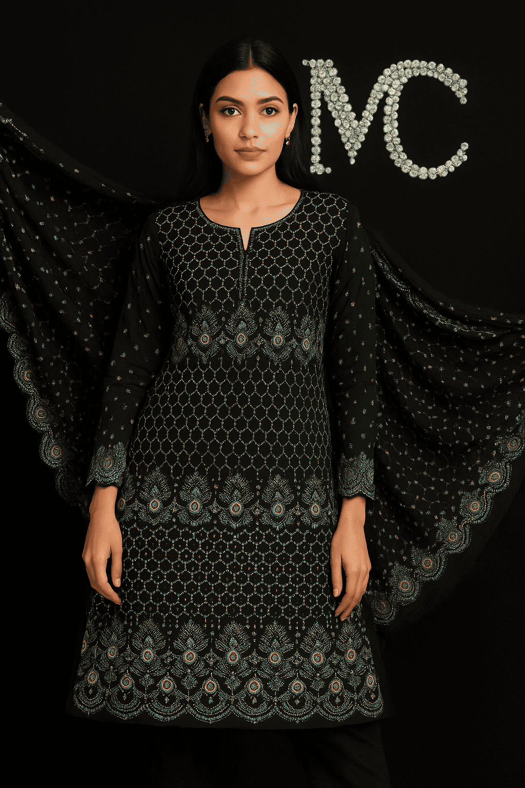 MC THE BLACK DIAMOND chiffon fabric in a 4-meter length, luxurious chiffon material ideal for elegant suits or garments.