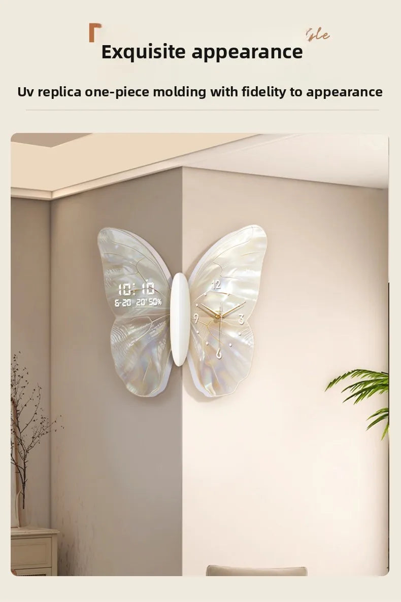 Modern MC THE BLACK DIAMOND wall clock with butterfly design, double-sided, white digital display, decorative mute clock for living room