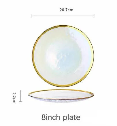 Rainbow glass dinner plate with gilt rim, clear salad dish, and serving tray from ๐๐ ๐๐๐ ๐น๐๐๐๐ ๐ป๐๐๏ฟฝ