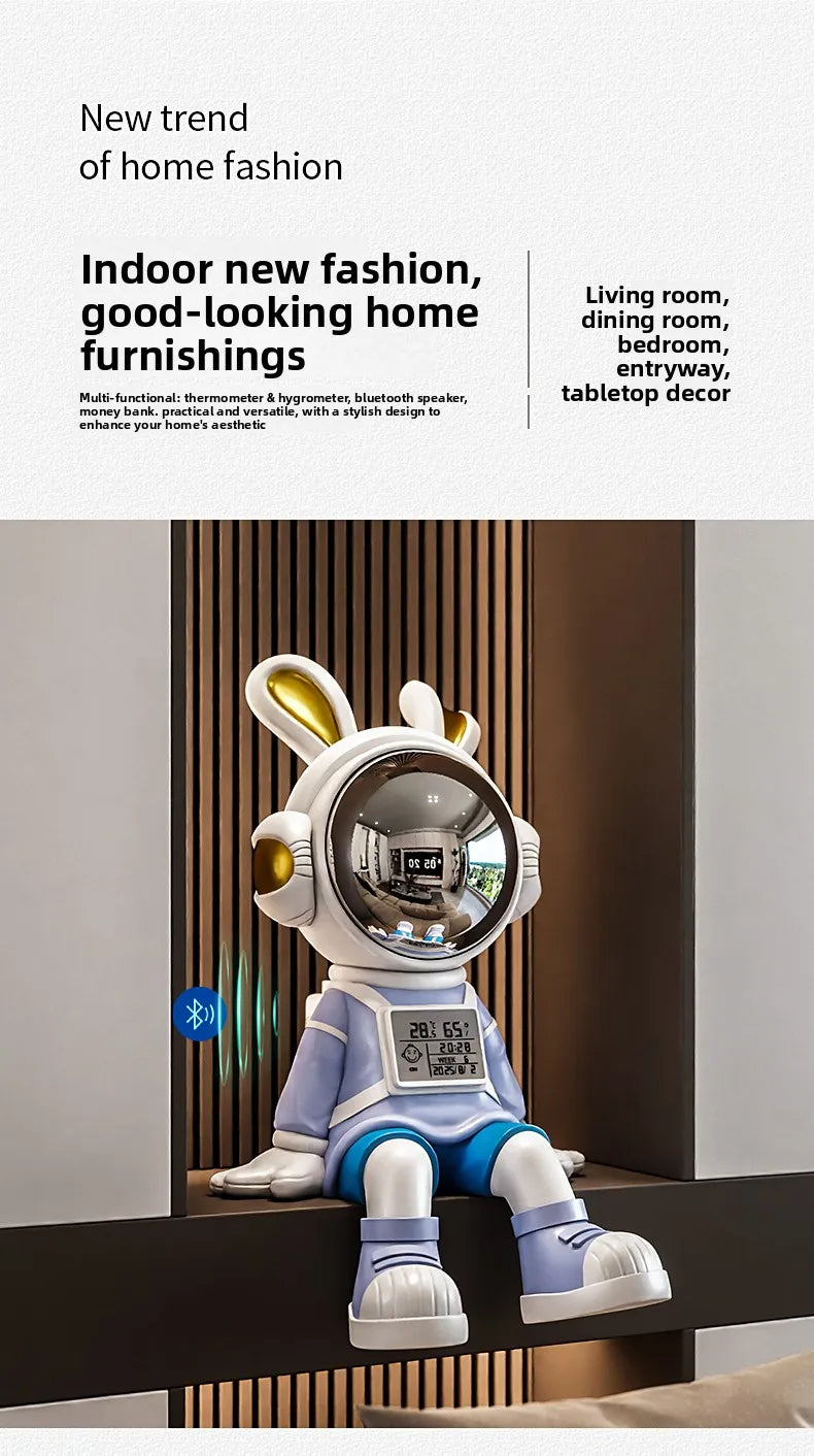 Luxury astronaut rabbit figurine from MC THE BLACK DIAMOND, sitting on a desk, ideal for living room decor.