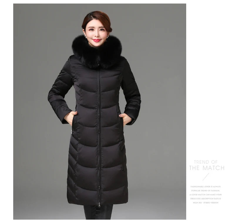Shengyu Boya women's knee-length down jacket with fur collar, slim fit, suitable for middle-aged and elderly women, thickened outwear.