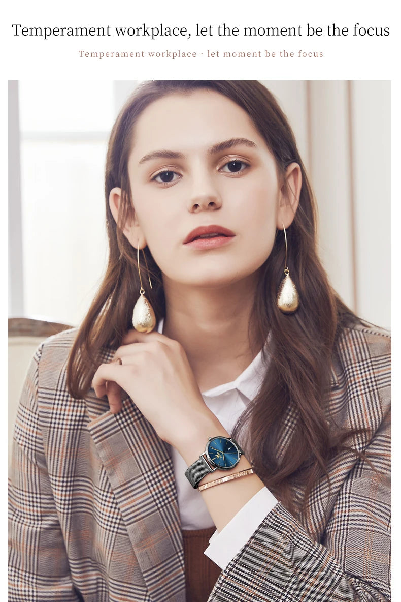 OLEVS minimalist ladies' watch with leather strap, waterproof quartz movement, and calendar display, featuring a sleek, versatile design.