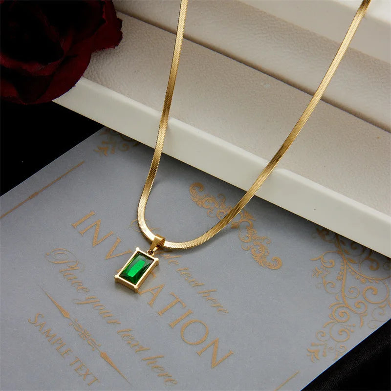 Stainless steel rectangle green crystal zircon necklace from 𝕄𝕔 𝕋𝕙𝕖 𝔹𝕝𝕒𝕔𝕜 𝔻𝕚𝕒𝕞𝕠�