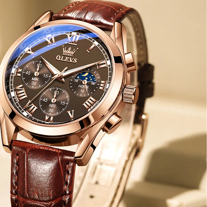 OLEVS Moon Phase men's chronograph watch with leather strap, luminous dial, waterproof 30m, quartz movement, date display.