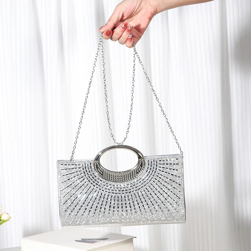 Elegant rhinestone sequin women's evening clutch bag with chain, luxury diamond design, suitable for weddings and parties.