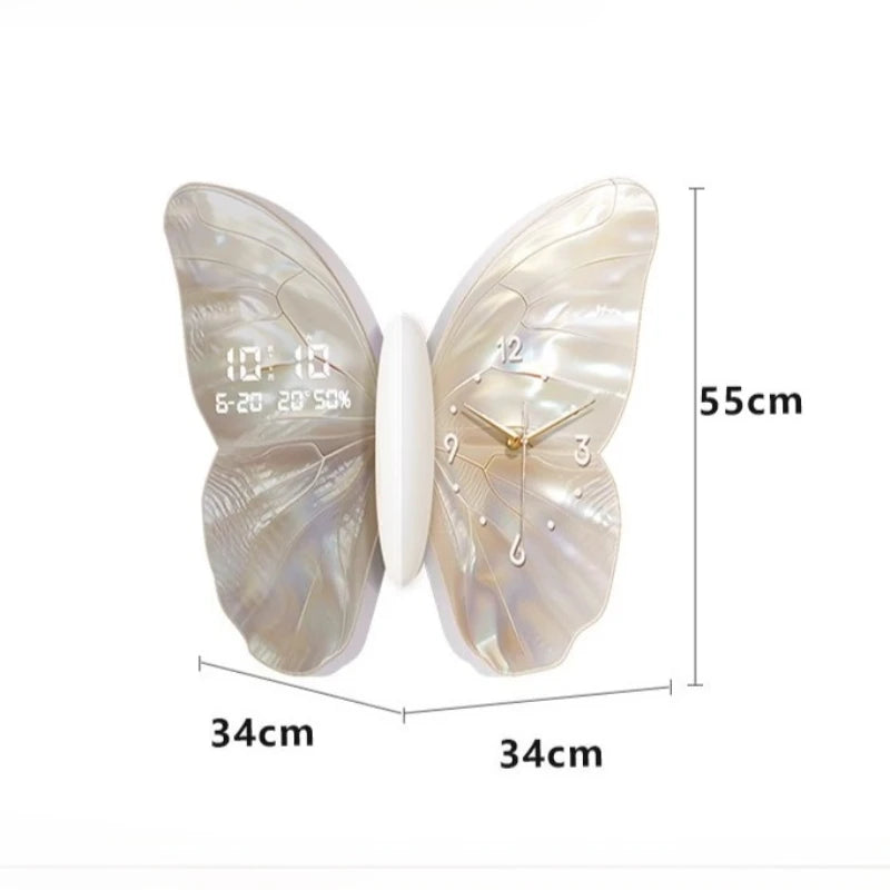 Modern MC THE BLACK DIAMOND wall clock with butterfly design, double-sided, white digital display, mute operation for living room decor